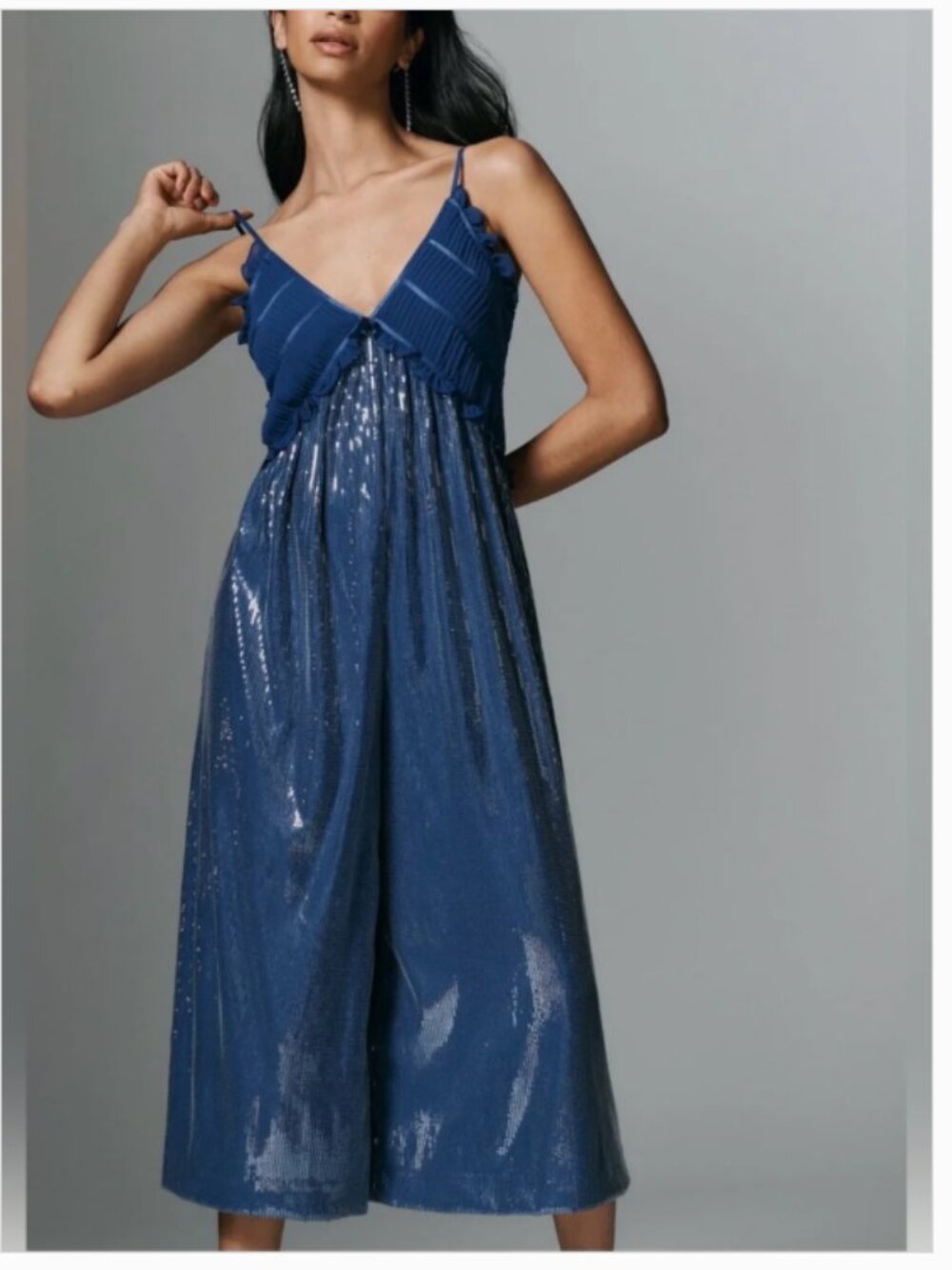 NWT Anthropologie Maeve Fluid Shine Ruffle Crop Jumpsuit Blue XS w Pockets